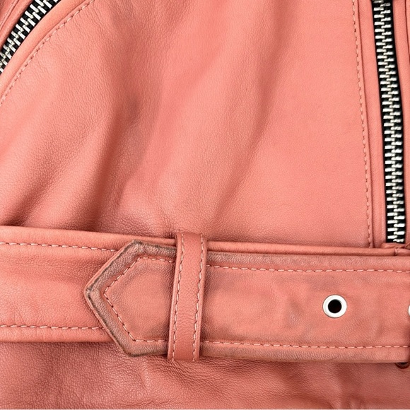 All Saints Balfern Biker Jacket - Coral Pink Red Lamb Leather Belted Jacket sz 6 - Picture 8 of 16